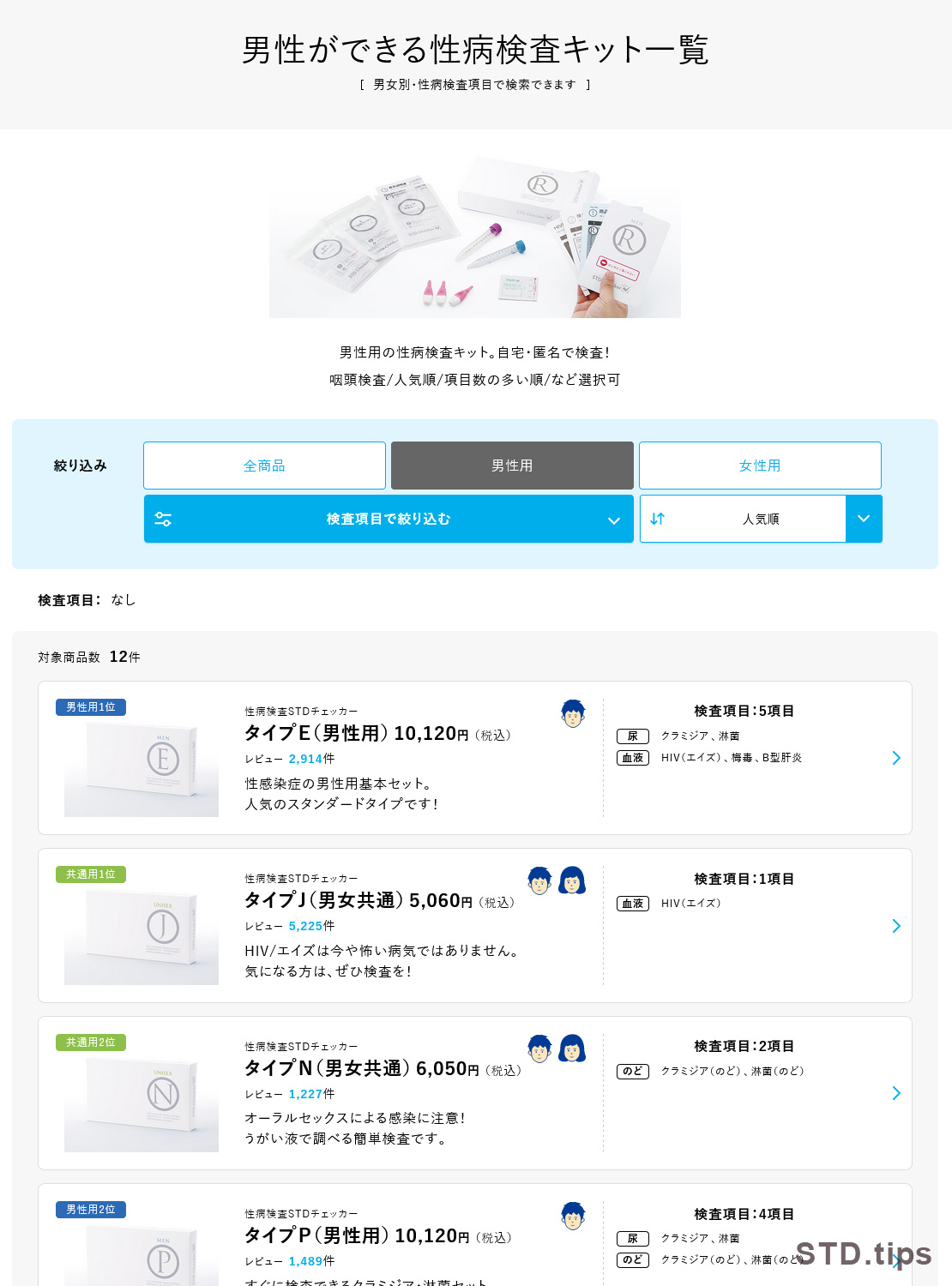 男性用性病検査キットは12種類